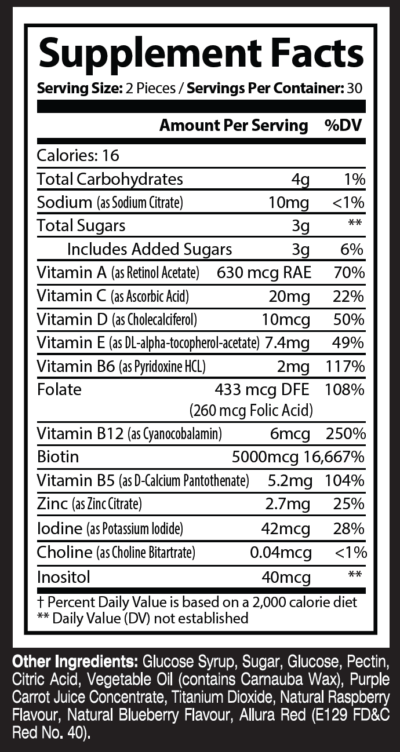 tgin Wild Growth Vitamins supplement facts with Biotin and Vitamin C for hair and nails.