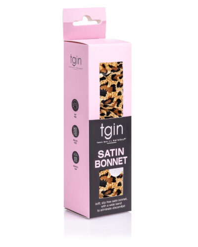 tgin cheetah soft slip free satin bonnet with wide band to eliminate discomfort.