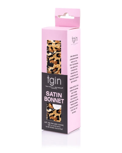 tgin cheetah soft slip free satin bonnet with wide band to eliminate discomfort.